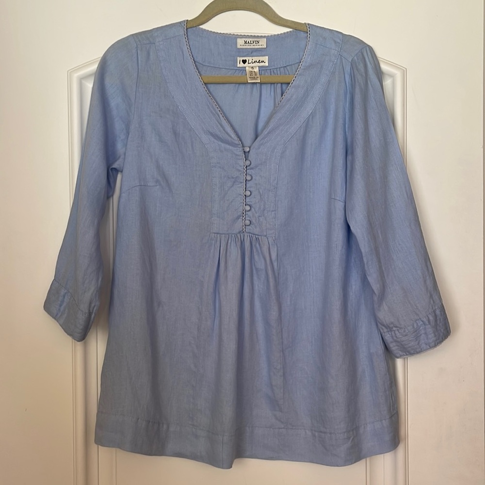 🌺 Anthropologie “MALVIN” 100% Linen, European, Baby Blue, Linen Top; Fits S-M!